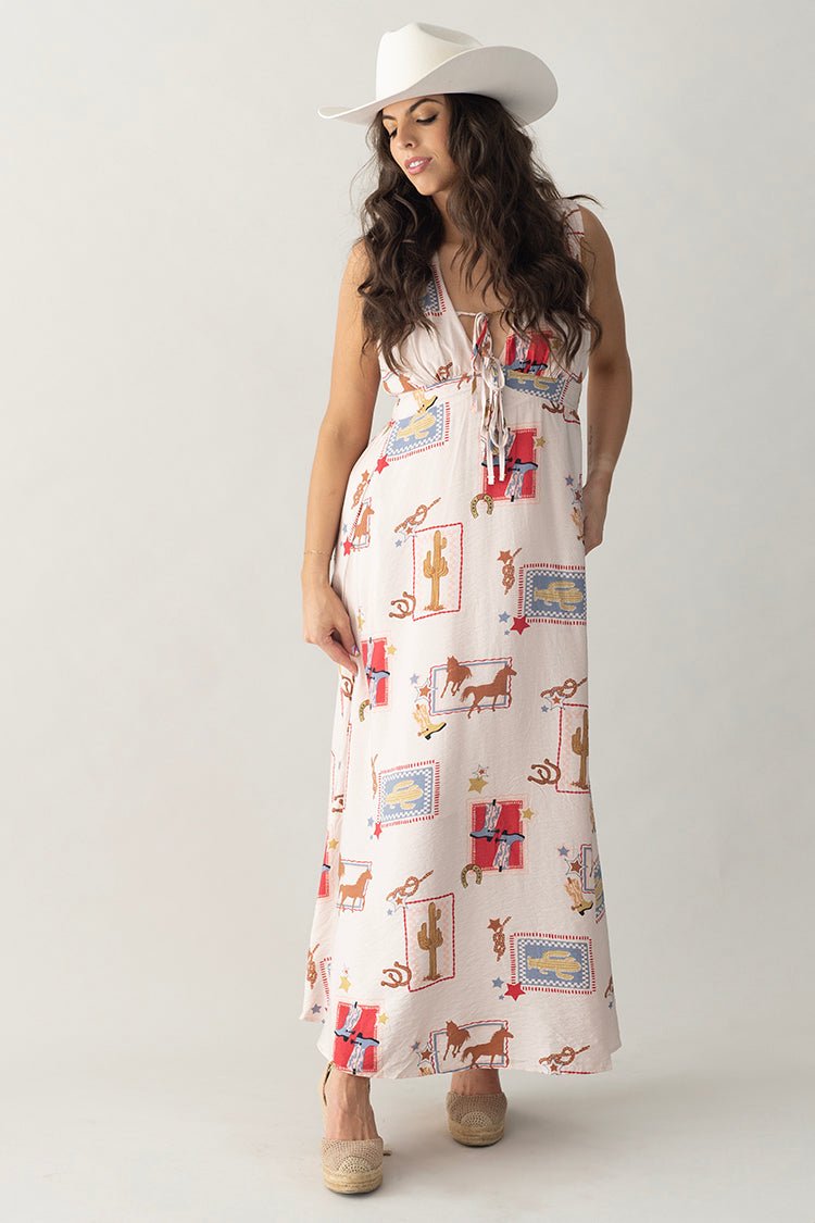 Western Motif Tie - Front Maxi Dress - Flea Style