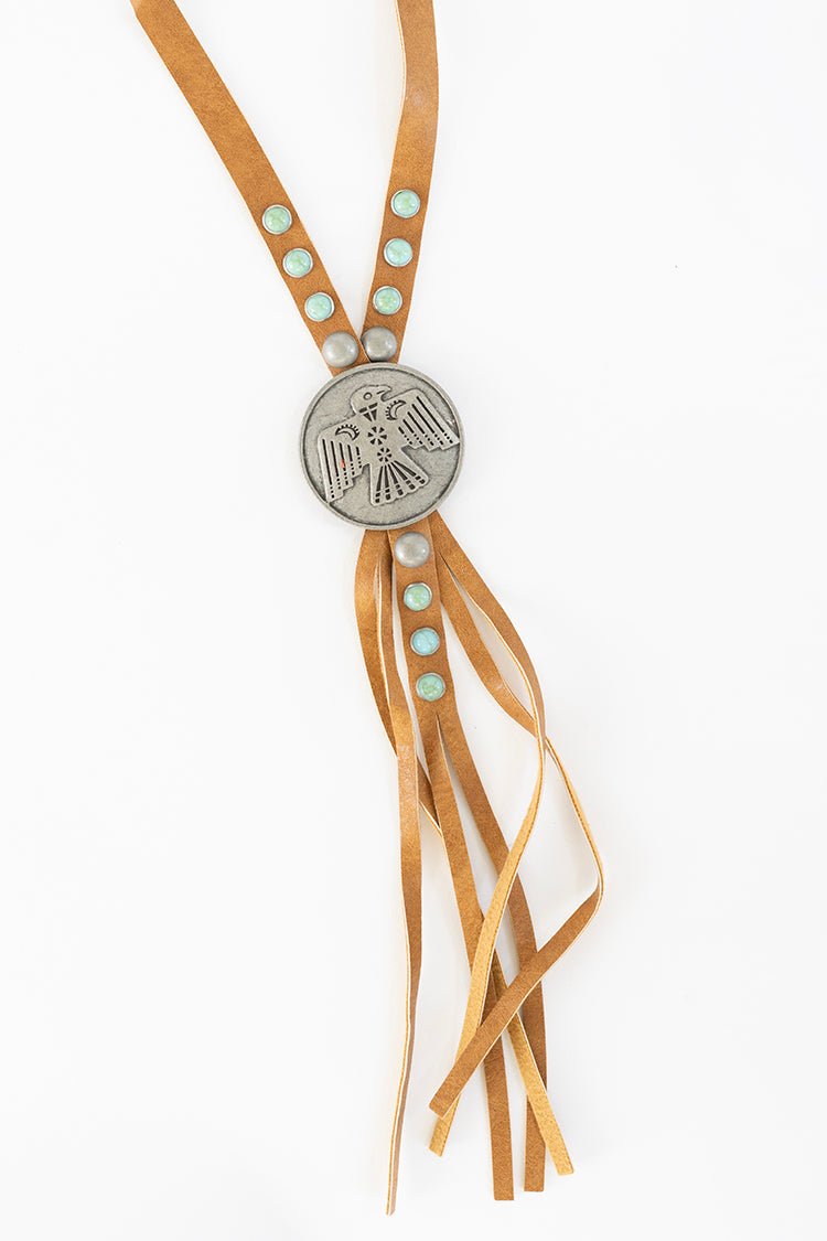 Western Tan Leather Lariat Thunderbird Necklace - Flea Style