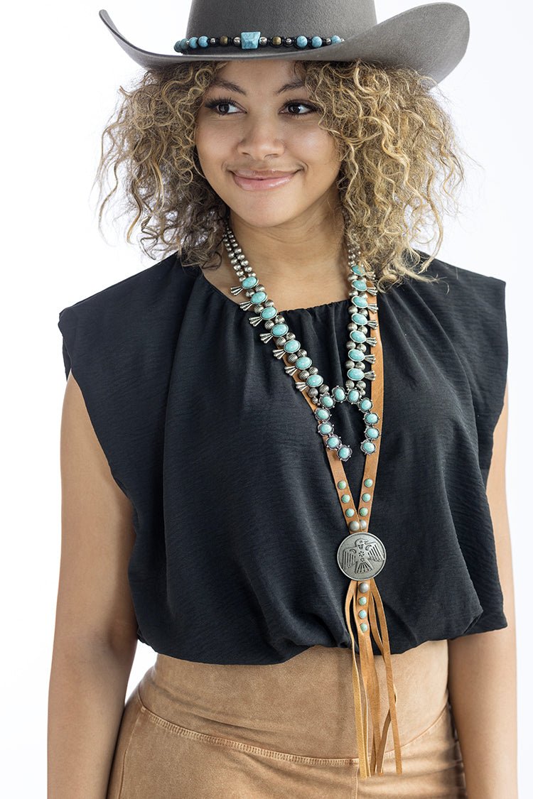 Western Tan Leather Lariat Thunderbird Necklace - Flea Style