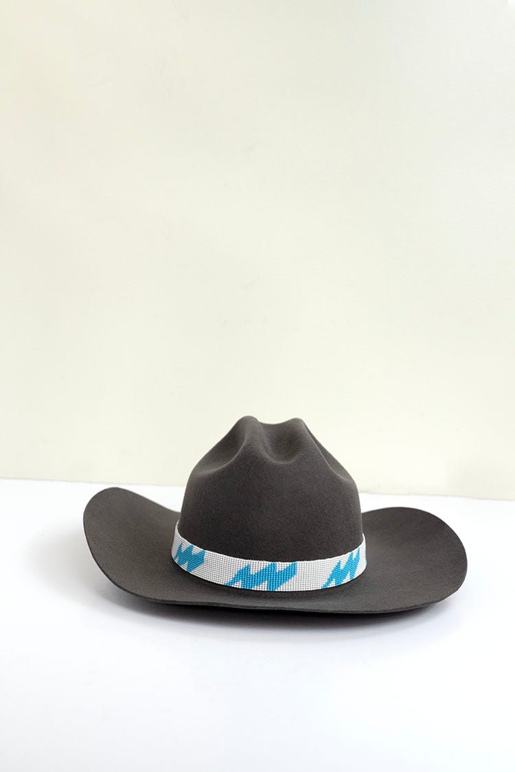 White Beaded Hat Band with Blue Lightning Bolts - Flea Style