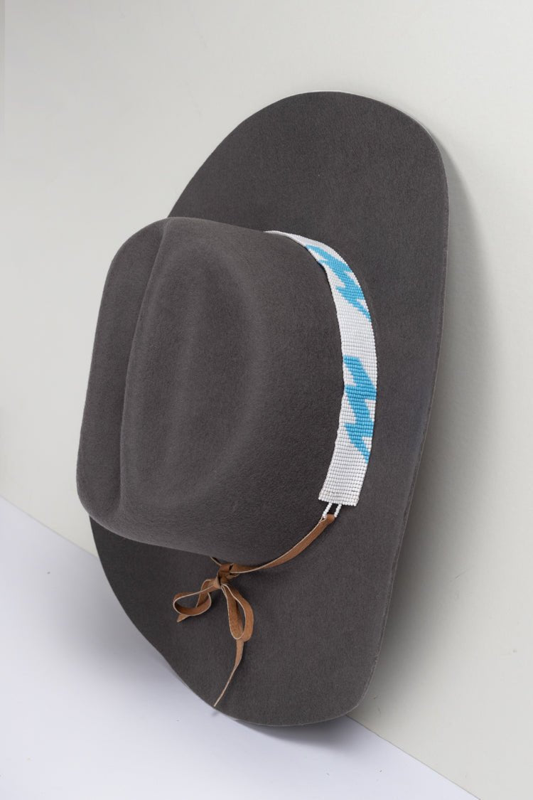 White Beaded Hat Band with Blue Lightning Bolts - Flea Style