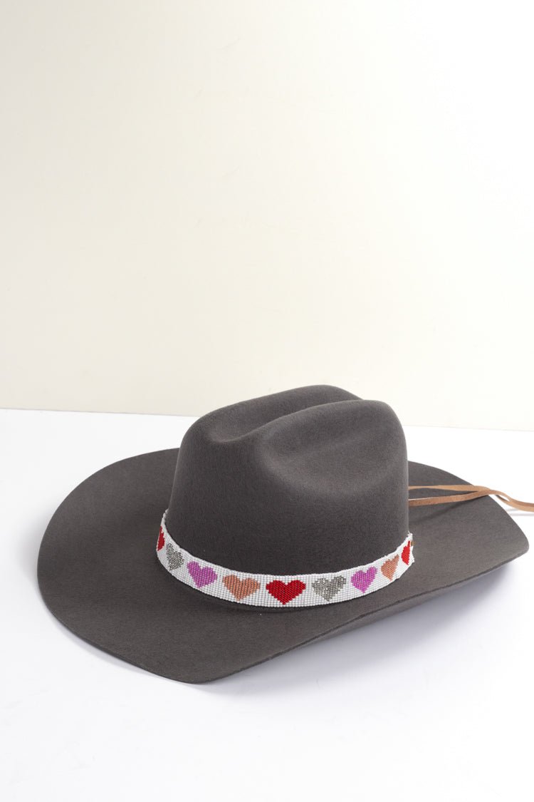 White Beaded Hat Band with Pink Hearts - Flea Style