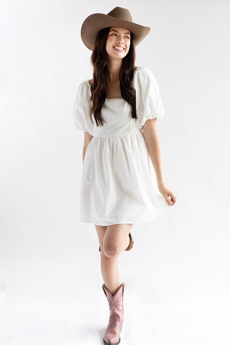 White Puff Sleeve Dress with Bow Back - Flea Style