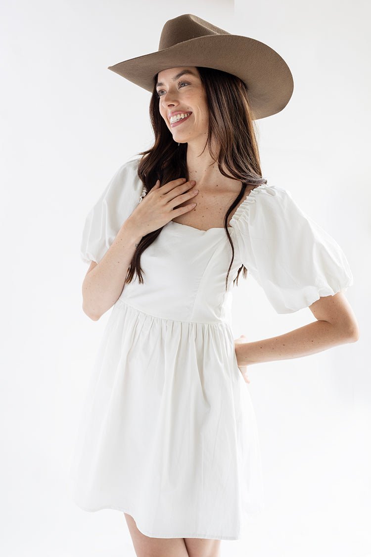 White Puff Sleeve Dress with Bow Back - Flea Style