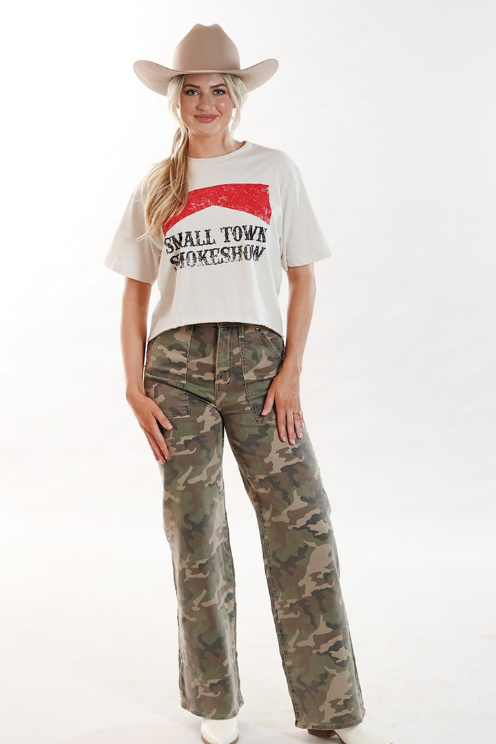 White Small Town Smokeshow Cropped Graphic T-Shirt - Flea Style